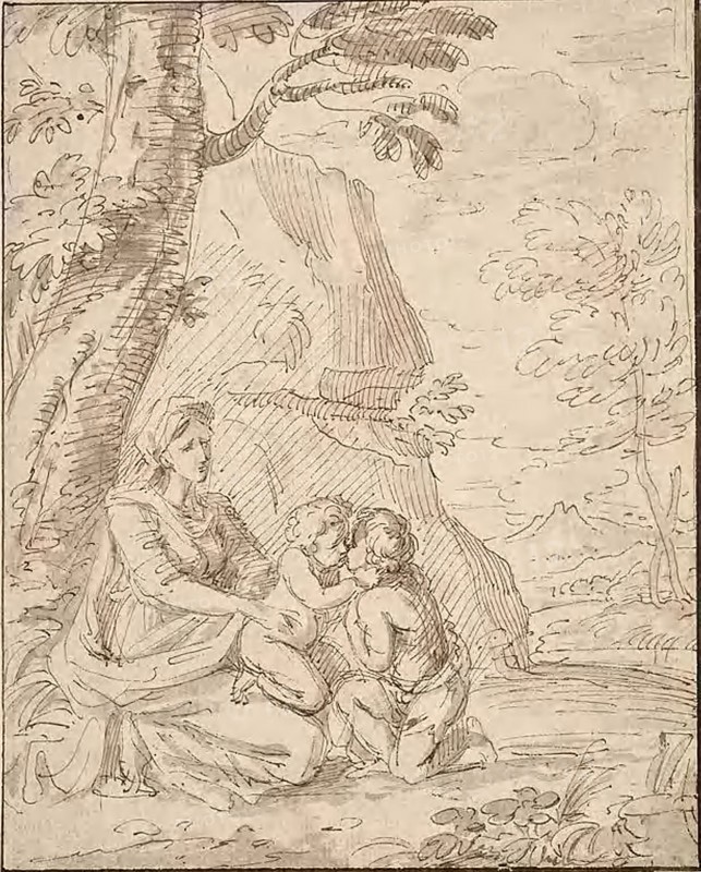 Madonna and Child with the Infant Saint John, n.d., Unknown Italian artist, possibly Circle of Donato Creti (Italian, 1671-1749), possibly Lodovico Carracci (Italian, 1555-1619), Italy, Pen and brown ink with brush and gray wash, on ivory laid paper, laid down on ivory laid paper, 212 x 170 mm