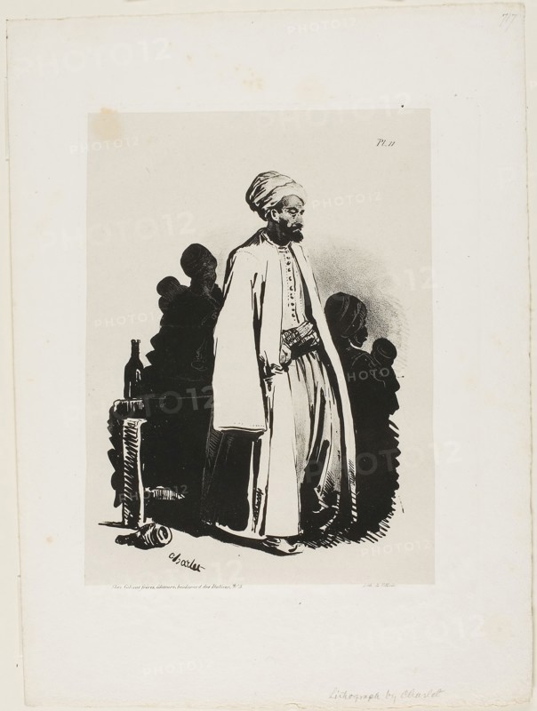 Standing Turk, plate eleven from Ink Sketches by Charlet, 1828, Nicolas Toussaint Charlet (French, 1792-1845), printed by François le Villain (French, active early 19th century), France, Lithograph in black on light gray China paper, laid down on white wove paper, 243 × 180 mm (primary support), 359 × 260 mm (secondary support)