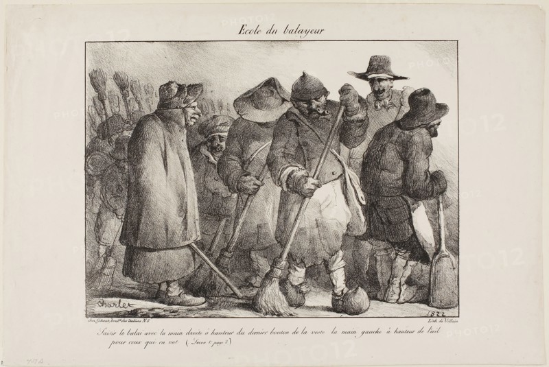 School for Street-Sweepers, 1822, Nicolas Toussaint Charlet (French, 1792-1845), published by Fères Chez Gihaut (French, 19th century), printed by François le Villain (French, active early 19th century), France, Lithograph in black on ivory wove paper, 213 × 288 mm (image), 276 × 417 mm (sheet)