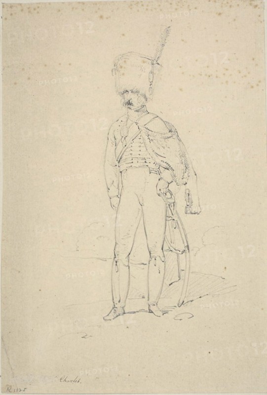Standing Hussar, n.d., Nicolas Toussaint Charlet, French, 1792-1845, France, Graphite on buff laid paper, 305 × 207 mm