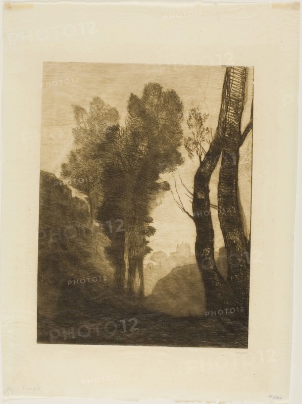 Outskirts of Rome, 1866, Jean-Baptiste-Camille Corot, French, 1796-1875, France, Etching on ivory Japanese paper, 278 × 208 mm (image), 393 × 282 mm (sheet)
