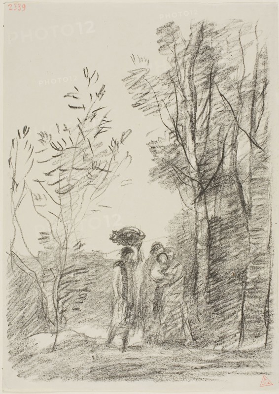 Meeting in the Woods, 1871, Jean-Baptiste-Camille Corot, French, 1796-1875, France, Transfer lithograph on cream China paper laid down on white wove paper, 272 × 205 mm (image), 295 × 211 mm (sheet)