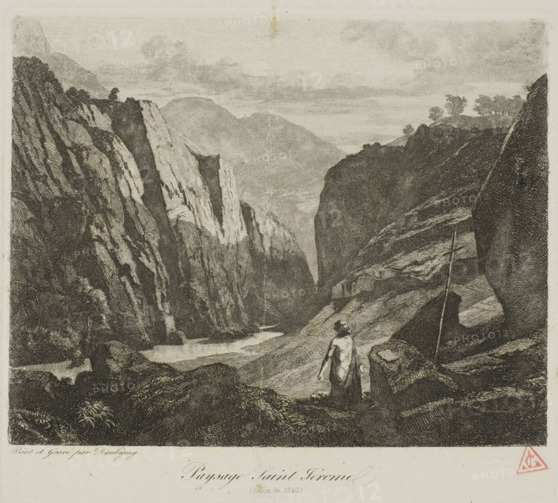 Saint Jerome, 1840, Charles François Daubigny, French, 1817-1878, France, Etching on ivory wove paper, 129 × 163 mm (image), 148 × 169 mm (plate), 232 × 322 mm (sheet)