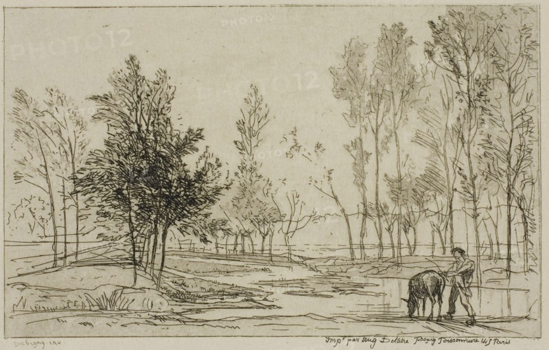 The Donkey at the Watering Place, c. 1850, Charles François Daubigny, French, 1817-1878, France, Etching and aquatint on cream Japanese paper, 95 × 155 mm (image), 129 × 178 mm (plate), 262 × 393 mm (sheet)