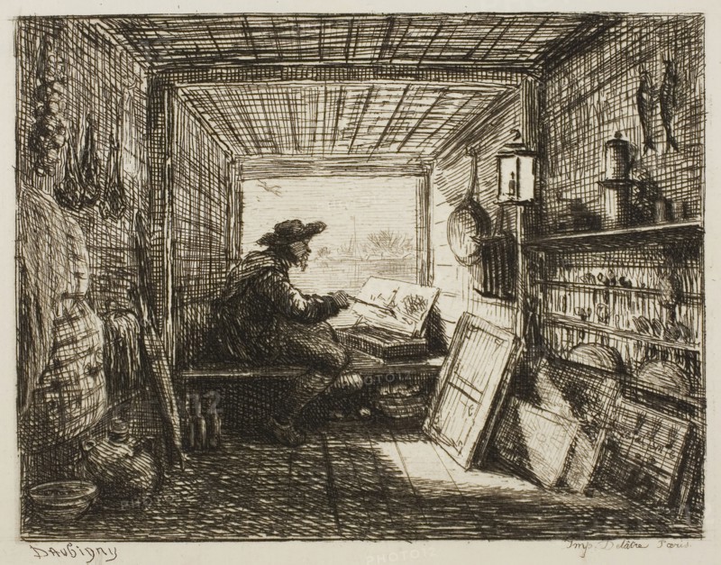 The Boat Studio, from The Boat Trip, 1861, Charles François Daubigny, French, 1817-1878, France, Etching on ivory laid paper, 101 × 132 mm (image), 130 × 177 mm (plate), 220 × 299 mm (sheet)