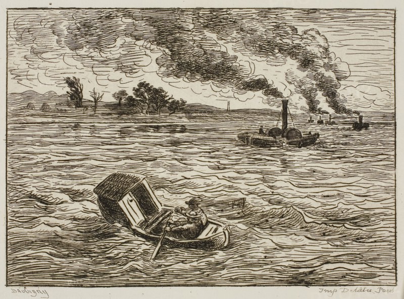 The Steamboats (Steamy Harbor), 1861, Charles François Daubigny, French, 1817-1878, France, Etching on ivory laid paper, 110 × 154 mm (image), 139 × 175 mm (plate), 225 × 307 mm (sheet)