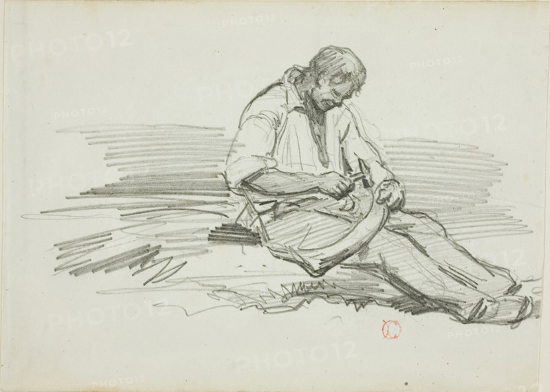 Man Mending Scythe, c. 1862, Charles François Daubigny, French, 1817-1878, France, Graphite on ivory wove paper, 105 × 145 mm