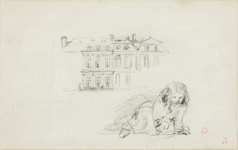 Sketches: The Hotel de Ville, Tours and a Girl Playing (recto), Stork (verso), 1837/78, Charles François Daubigny, French, 1817-1878, France, Graphite (recto and verso) on ivory wove paper, 125 × 199 mm