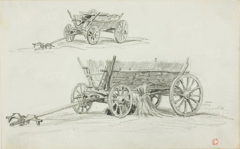 Two Sketches of an Ox Cart, c. 1850, Charles François Daubigny, French, 1817-1878, France, Graphite on ivory wove paper, 125 × 200 mm