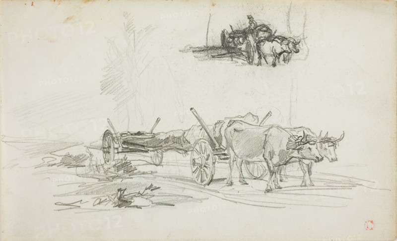 Two Sketches of Oxen Hauling a Log, n.d., Charles François Daubigny, French, 1817-1878, France, Graphite on ivory wove paper, 124 × 202 mm