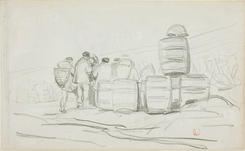 Study of a Group of People with Barrels (recto), Two Studies of a woman Gleaning (verso), c. 1863, Charles François Daubigny, French, 1817-1878, France, Graphite (recto and verso) on ivory wove paper, 105 × 170 mm