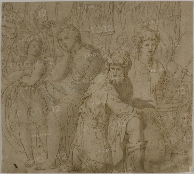 Part of The Truimph and Exploits of Furius Camillus, n.d., Francesco de’Rossi, called Salviati, after, Italian, 1510-1563, Italy, Pen and brown ink with brush and brown wash, over traces of black chalk, on tan laid paper, laid down on ivory laid paper, edge mounted to blue card, 210 x 237 mm (max.)