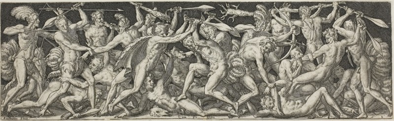 Combats and Triumphs: Battle of the Naked Men, 1550/1572, Etienne Delaune, French, 1518/19-c.1583, France, Engraving on ivory laid paper, 65 × 220 mm