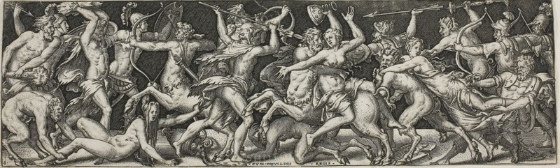 Combat of Centaurs and Lapiths, 1550/1572, Etienne Delaune, French, 1518/19-c.1583, France, Engraving on ivory laid paper, 67 × 221 mm (image/plate), 361 × 266 mm (sheet)
