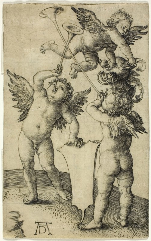 Three Putti with Shield and Helmet, c. 1505, Albrecht Dürer, German, 1471-1528, Germany, Engraving in black on cream laid paper, 115 x 72 mm (image/sheet)