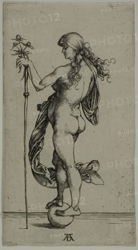 Fortune, c. 1495, Albrecht Dürer, German, 1471-1528, Germany, Engraving in black on ivory laid paper, 120 x 65 mm (image/sheet)