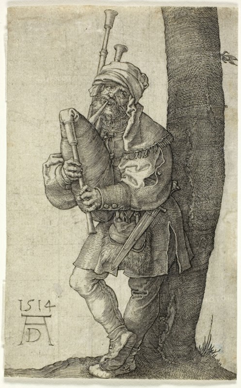 The Bag-Piper, 1514, Albrecht Dürer, German, 1471-1528, Germany, Engraving in black on ivory laid paper, 114 x 71 mm (image/sheet)