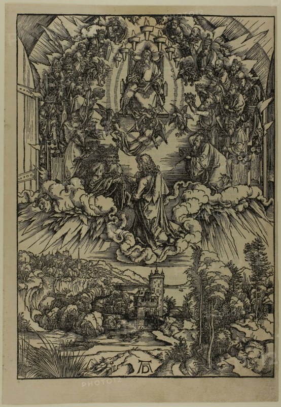 St. John before God and the Elders, from The Apocalypse, c. 1496–98, published 1511, Albrecht Dürer, German, 1471-1528, Germany, Woodcut in black on tan laid paper, 395 x 282 mm (image), 433 x 302 mm (sheet)