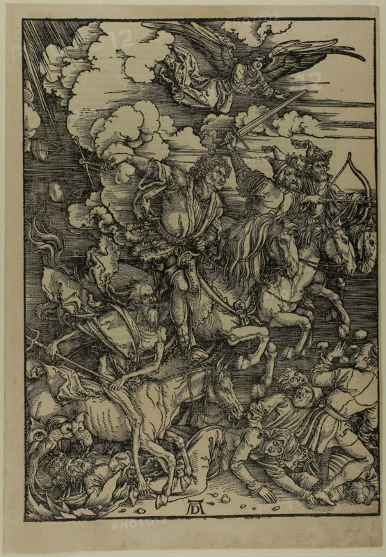 The Four Horsemen of the Apocalypse, from The Apocalypse, c. 1496–98, published 1511, Albrecht Dürer, German, 1471-1528, Germany, Woodcut in black on tan laid paper, 397 x 282 mm (image), 433 x 300 mm (sheet)
