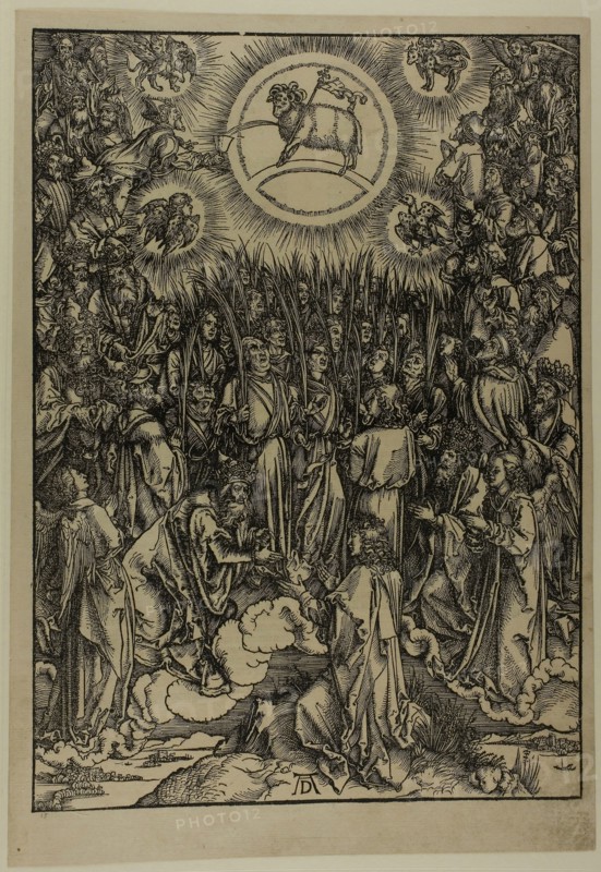 The Adoration of the Lamb, The Hymn of the Chosen, from The Apocalypse, c. 1496–98, published 1511, Albrecht Dürer, German, 1471-1528, Germany, Woodcut in black on tan laid paper, 395 x 282 mm (image), 432 x 302 mm (sheet)