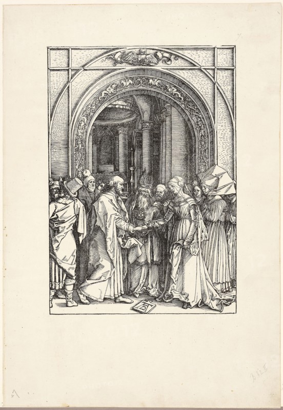 The Betrothal of the Virgin, from The Life of the Virgin, c. 1504, published 1511, Albrecht Dürer, German, 1471-1528, Germany, Woodcut in black on ivory laid paper, 297 x 208 mm (image), 448 x 309 mm (sheet)