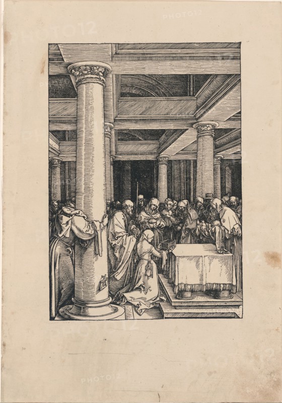 The Presentation of Christ in the Temple, from The Life of the Virgin, c. 1505, published 1511, Albrecht Dürer, German, 1471-1528, Germany, Woodcut in black on tan laid paper, 299 x 208 mm (image), 433 x 303 mm (sheet)