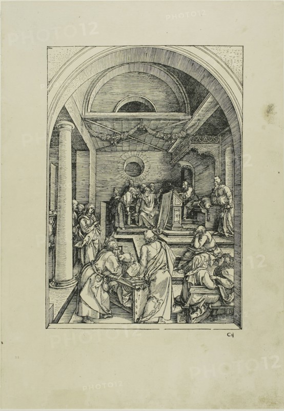 Christ Among the Doctors, from The Life of the Virgin, c. 1503, published 1511, Albrecht Dürer, German, 1471-1528, Germany, Woodcut in black on ivory laid paper, 299 x 208 mm (image), 433 x 300 mm (sheet)