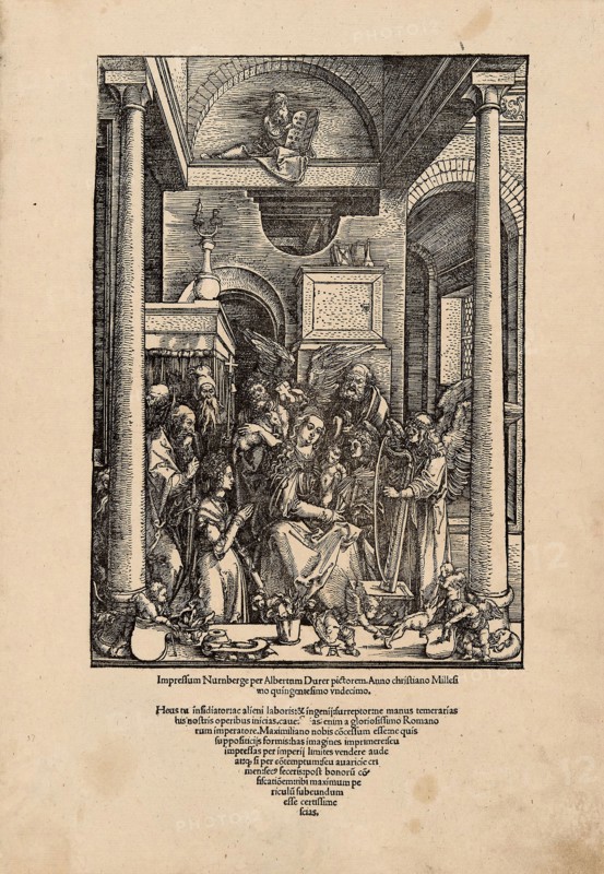 Glorification of the Virgin, from The Life of the Virgin, c. 1502, published 1511, Albrecht Dürer, German, 1471-1528, Germany, Woodcut in black on tan laid paper, 301 x 211 mm (image), 433 x 303 mm (sheet)