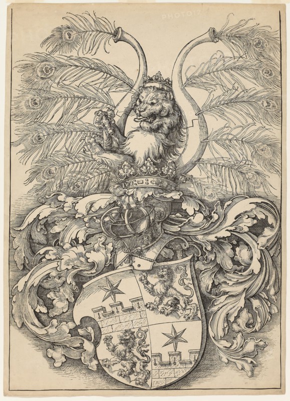 Coat of Arms of Wilhelm and Wolfgang Rogendorf, 1864 (copy), 1520 (original), After Albrecht Dürer, German, 1471-1528, Ralf Leopold von Retberg-Wettbergen, German, 1812-1885, Germany, Lithograph in black on ivory wove paper, 628 x 448 mm (image), 648 x 464 mm (sheet)