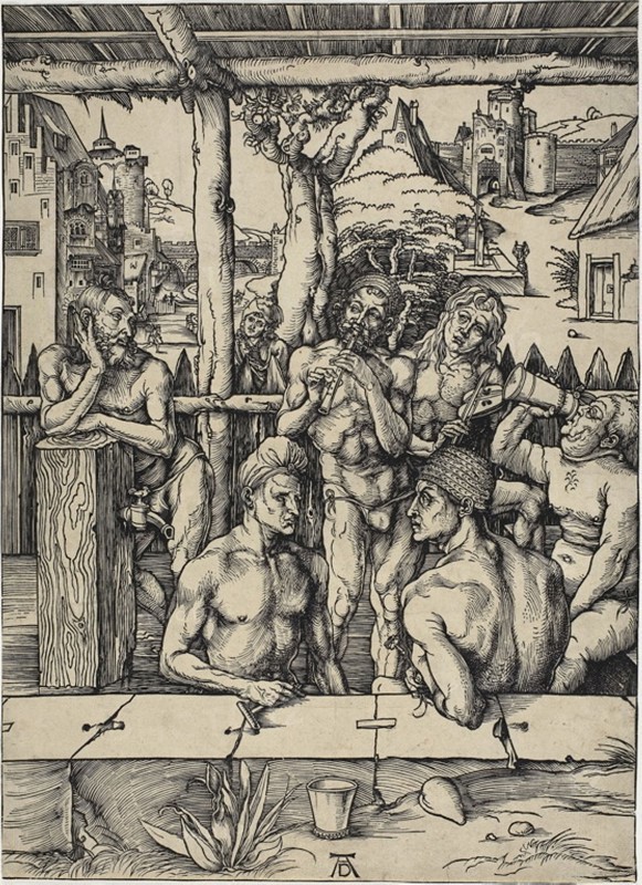 The Men’s Bath, 1496/97, Albrecht Dürer, German, 1471-1528, Germany, Woodcut in black on buff laid paper, 383 x 278 mm (image/sheet, trimmed within block)