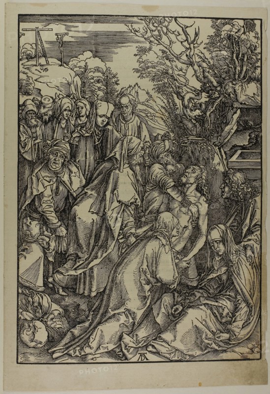 Deposition of Christ, from The Large Passion, c. 1496–97, published 1511, Albrecht Dürer, German, 1471-1528, Germany, Woodcut in black on cream laid paper, 391 x 278 mm (image), 433 x 301 mm (sheet)