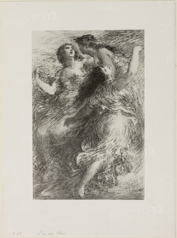 The Rhinegold: Scene I, The Rhinemaidens, 1886, Henri Fantin-Latour, French, 1836-1904, France, Lithograph in black, with scraping on stone, on grayish-ivory China paper, laid down on off-white wove paper, 227 × 150 mm (image), 227 × 150 mm (primary support), 316 × 232 mm (secondary support)