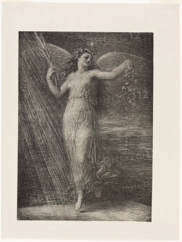 Réveil, 1886, Henri Fantin-Latour, French, 1836-1904, France, Lithograph in black with scraping on stone on greyish-ivory laid china paper with visible brushmarks, 349 × 249 mm (image), 435 × 328 mm (sheet, folded)