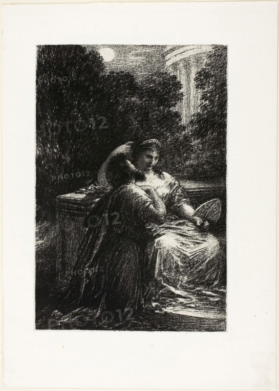 The Trojans at Carthage: Act III, Love Duet, 1888, Henri Fantin-Latour, French, 1836-1904, France, Lithograph in black with scraping on stone, on grayish-ivory China paper, laid down on ivory wove paper, 229 × 153 mm (image), 230 × 156 mm (primary support), 308 × 219 mm (secondary support)