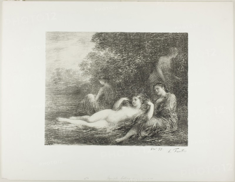 Bathing Women, fourth large plate, 1898, Henri Fantin-Latour, French, 1836-1904, France, Lithograph in black on ivory China paper, laid down on white wove paper, 309 × 389 mm (image), 489 × 628 mm (sheet)