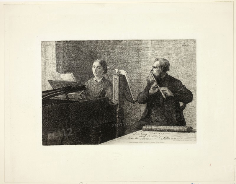 A Piece by Schumann, 1864, Henri Fantin-Latour, French, 1836-1904, France, Etching in black on ivory laid paper, 187 × 277 mm (plate), 319 × 410 mm (sheet)