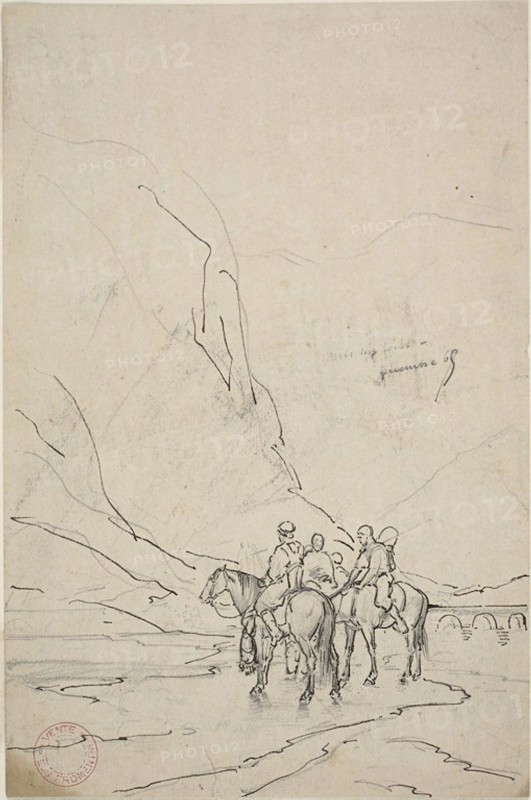 Men on Horseback Beside River, 1869, Eugène Fromentin, French, 1820-1876, France, Pen and brown ink, over graphite, on buff wove paper, 248 × 163 mm