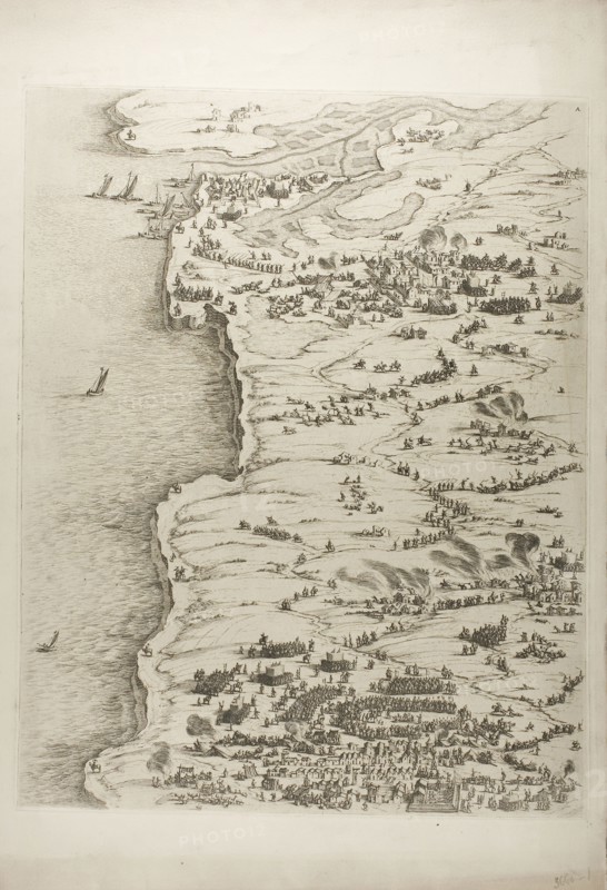 The Siege of La Rochelle, plate one, 1631, Jacques Callot (French, 1592-1635), printed by Chalcographie du Louvre, Paris, France, Reproductions of etchings, 568 × 445 mm (image), 571 × 450 mm (plate), 715 × 510 mm (sheet)