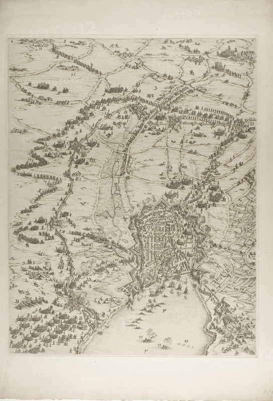 Plate Two from La Siège de la Rochelle, 1631, Jacques Callot (French, 1592-1635), printed by Chalcographie du Louvre, Paris, France, Etching on paper, 567 × 443 mm (image), 576 × 449 mm (plate), 715 × 512 mm (sheet)