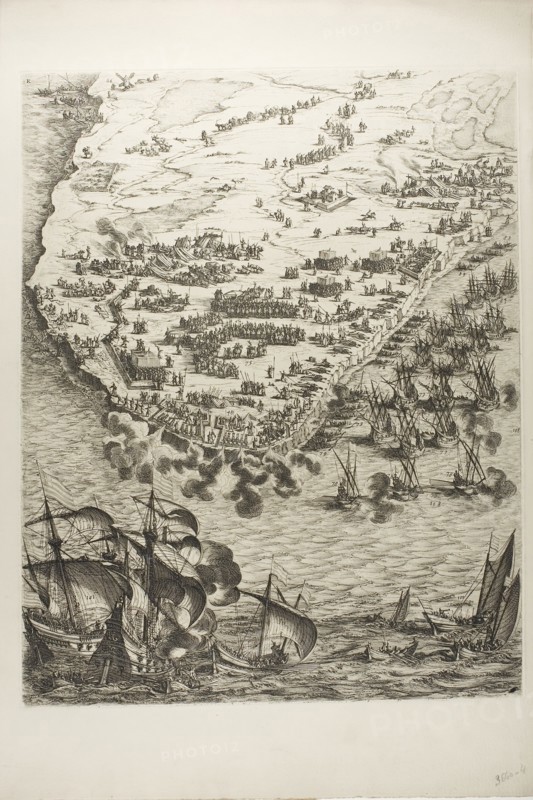 Plate Four from La Siège de la Rochelle, 1631, Jacques Callot (French, 1592-1635), printed by Chalcographie du Louvre, Paris, France, Etching on paper, 567 × 446 mm (image), 569 × 448 mm (plate), 717 × 512 mm (sheet)