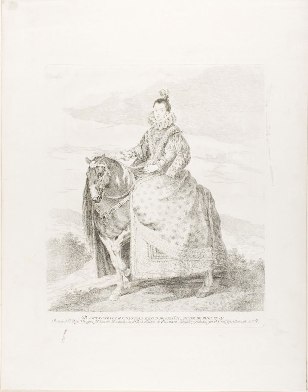 Margaret of Austria, 1778, Francisco José de Goya y Lucientes (Spanish, 1746-1828), after Diego Velázquez (Spanish, 1599-1660), Spain, Etching and drypoint with engraved inscription on ivory laid paper, 349 x 310 mm (image), 370 x 310 mm (plate), 554 x 433 mm (sheet, folded at bottom)