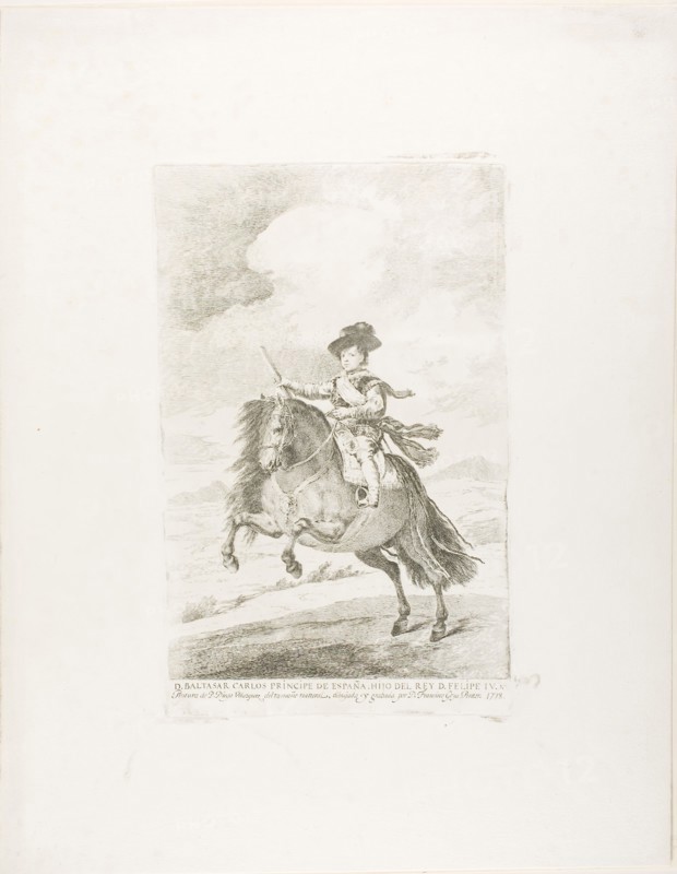 Baltasar Carlos, 1778, Francisco José de Goya y Lucientes (Spanish, 1746-1828), after Diego Velázquez (Spanish, 1599-1660), Spain, Etching and drypoint with engraved inscription on ivory laid paper, 326 x 223 mm (image), 350 x 223 mm (plate), 553 x 431 mm (sheet, folded at bottom)