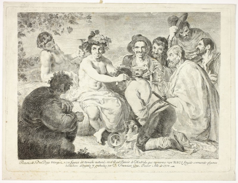 The Drunkards, 1778, Francisco José de Goya y Lucientes (Spanish, 1746-1828), after Diego Velázquez (Spanish, 1599-1660), Spain, Etching with engraved inscription on ivory laid paper, 286 x 395 mm (image), 319 x 436 mm (plate), 347 x 453 mm (sheet)