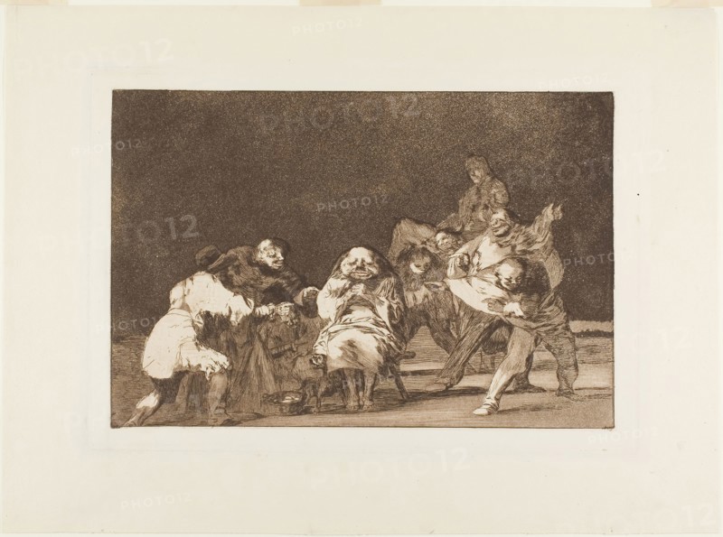 He who does not like thee will defame thee in jest, plate 17 from Los Proverbios, 1815/24, Francisco José de Goya y Lucientes, Spanish, 1746-1828, Spain, Etching and burnished aquatint printed in sepia ink on ivory wove paper, 220 x 327 mm (image), 246 x 359 mm (plate), 343 x 465 mm (sheet)