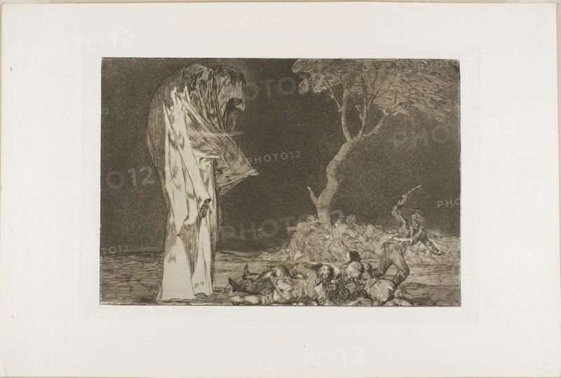 Soldiers Frightened by a Phantom, from Disparates, published as plate 2 in Los Proverbios, 1816–19, published 1864, Francisco José de Goya y Lucientes, Spanish, 1746-1828, Spain, Etching and burnished aquatint in brown-black on ivory wove paper, 219 x 319 mm (image), 245 x 352 mm (plate), 332 x 497 mm (sheet)