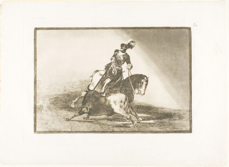 Charles V spearing a bull in the ring at Valladolid, plate ten from The Art of Bullfighting, 1814/16, published 1816, Francisco José de Goya y Lucientes, Spanish, 1746-1828, Spain, Etching, burnished aquatint, drypoint and burin on ivory laid paper, 210 x 310 mm (image), 250 x 352 mm (plate), 325 x 445 mm (sheet)