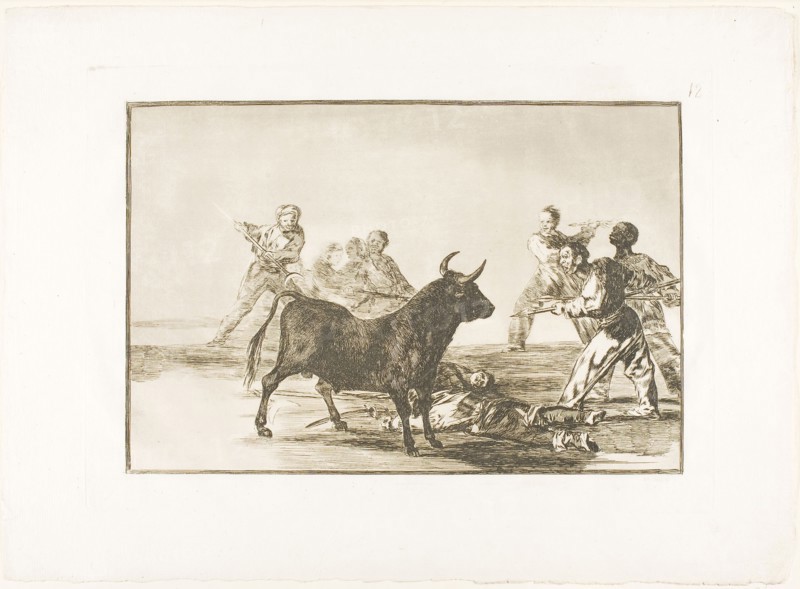 The rabble hamstring the bull with lances, sickles, banderillas and other arms, plate twelve from The Art of Bullfighting, 1814/16, published 1816, Francisco José de Goya y Lucientes, Spanish, 1746-1828, Spain, Etching, burnished aquatint and drypoint on ivory laid paper, 210 x 312 mm (image), 250 x 353 mm (plate), 325 x 445 mm (sheet)