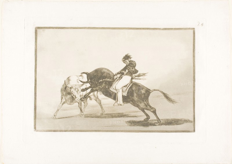 The Same Ceballos, Mounted on Another Bull, Breaks Short Spears in the Ring at Madrid, plate 24 from The Art of Bullfighting, 1814/16, published 1816, Francisco José de Goya y Lucientes, Spanish, 1746-1828, Spain, Etching, burnished aquatint, drypoint and burin on ivory laid paper, 204 x 312 mm (image), 245 x 355 mm (plate), 320 x 445 mm (sheet)