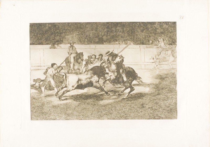 The Forceful Rendón Stabs a Bull with the Pique, from which Pass He Died in the Ring at Madrid, plate 28 from The Art of Bullfighting, 1814/16, published 1816, Francisco José de Goya y Lucientes, Spanish, 1746-1828, Spain, Etching, burnished aquatint and burin on ivory laid paper, 209 x 314 mm (image), 250 x 352 mm (plate), 320 x 445 mm (sheet)