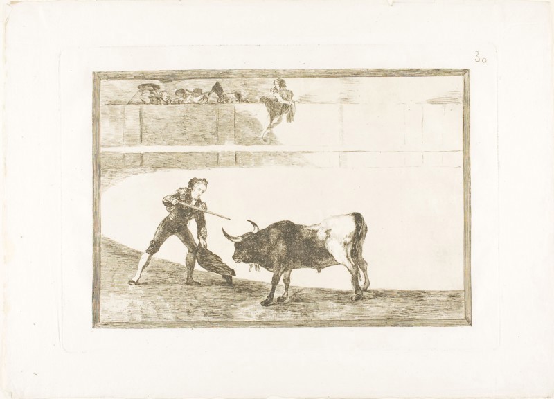 Pedro Romero killing the halted bull, plate 30 from The Art of Bullfighting, 1814/16, published 1816, Francisco José de Goya y Lucientes, Spanish, 1746-1828, Spain, Etching, aquatint, drypoint and burin on ivory laid paper, 209 x 307 mm (image), 248 x 355 mm (plate), 325 x 446 mm (sheet)